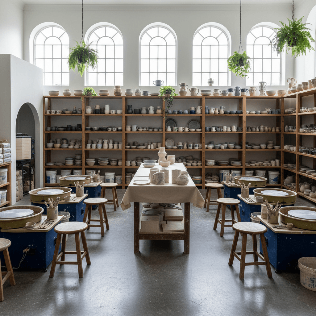Well-equipped pottery studio with wheels and shelves of glazed work
