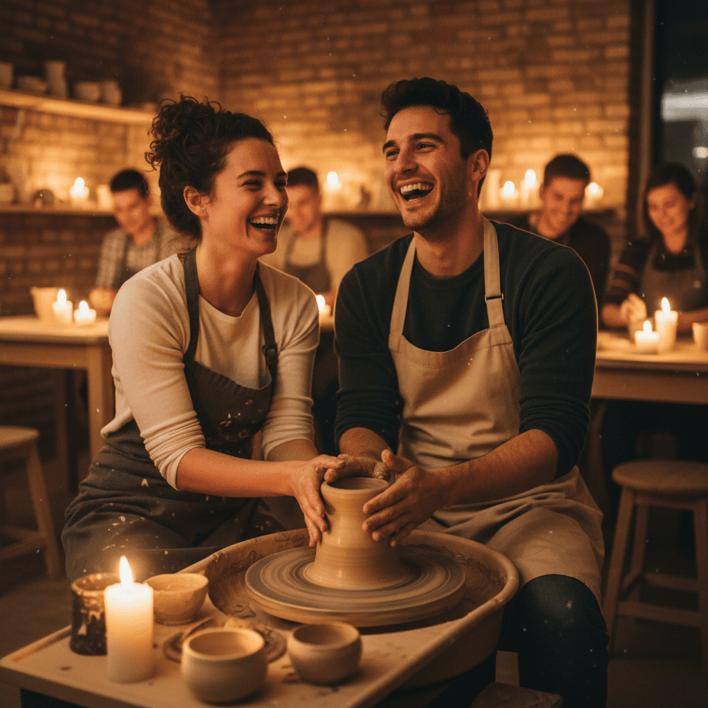 Couple laughing together while working with clay in pottery studio