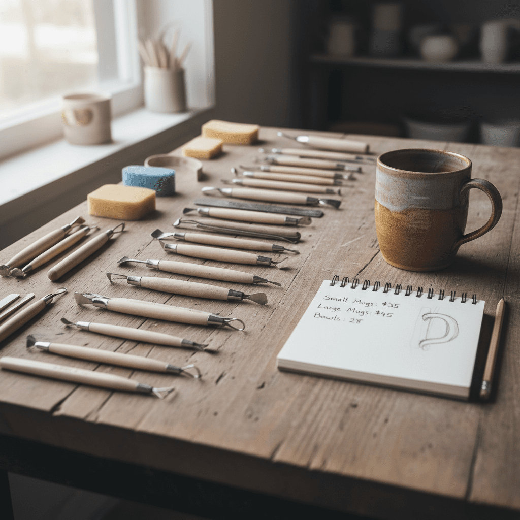 Hands working with pottery tools and finished ceramic pieces