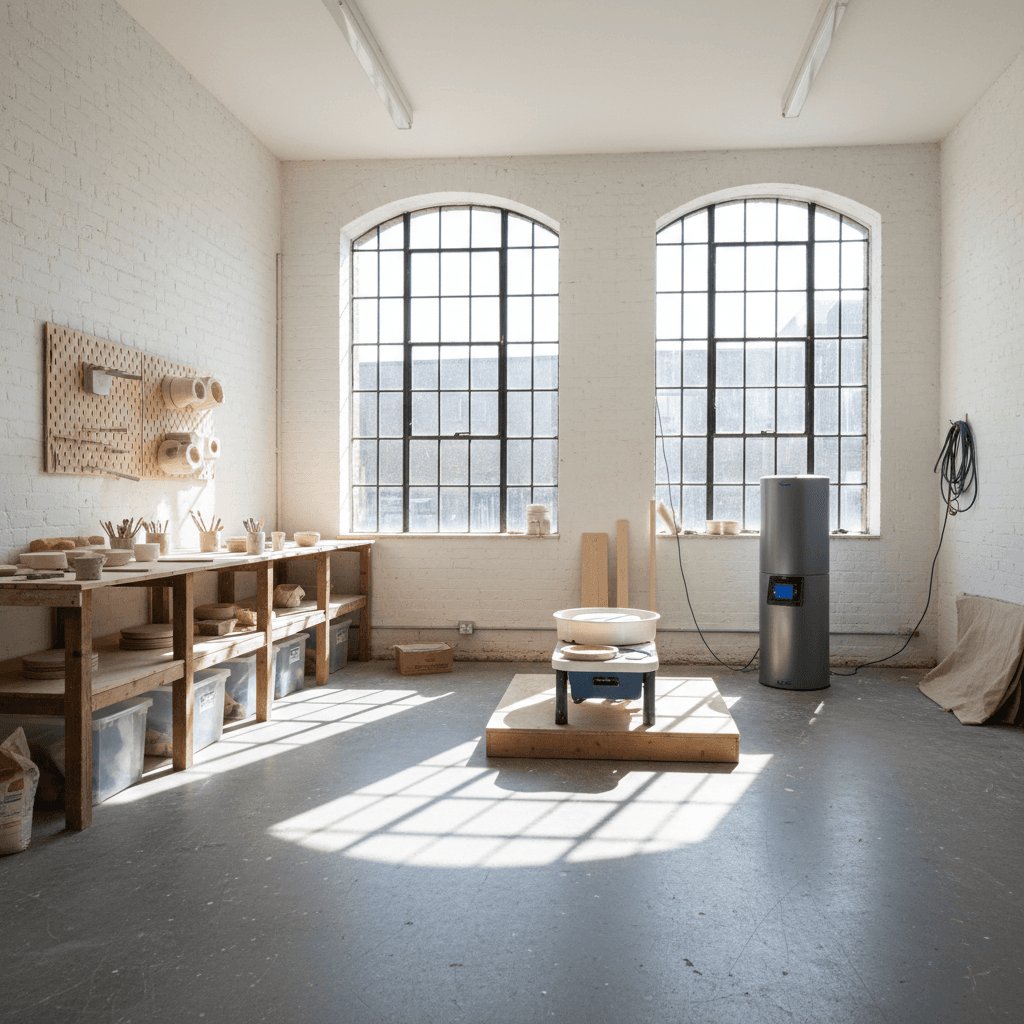 Empty pottery studio being set up with wheel, kiln and shelving