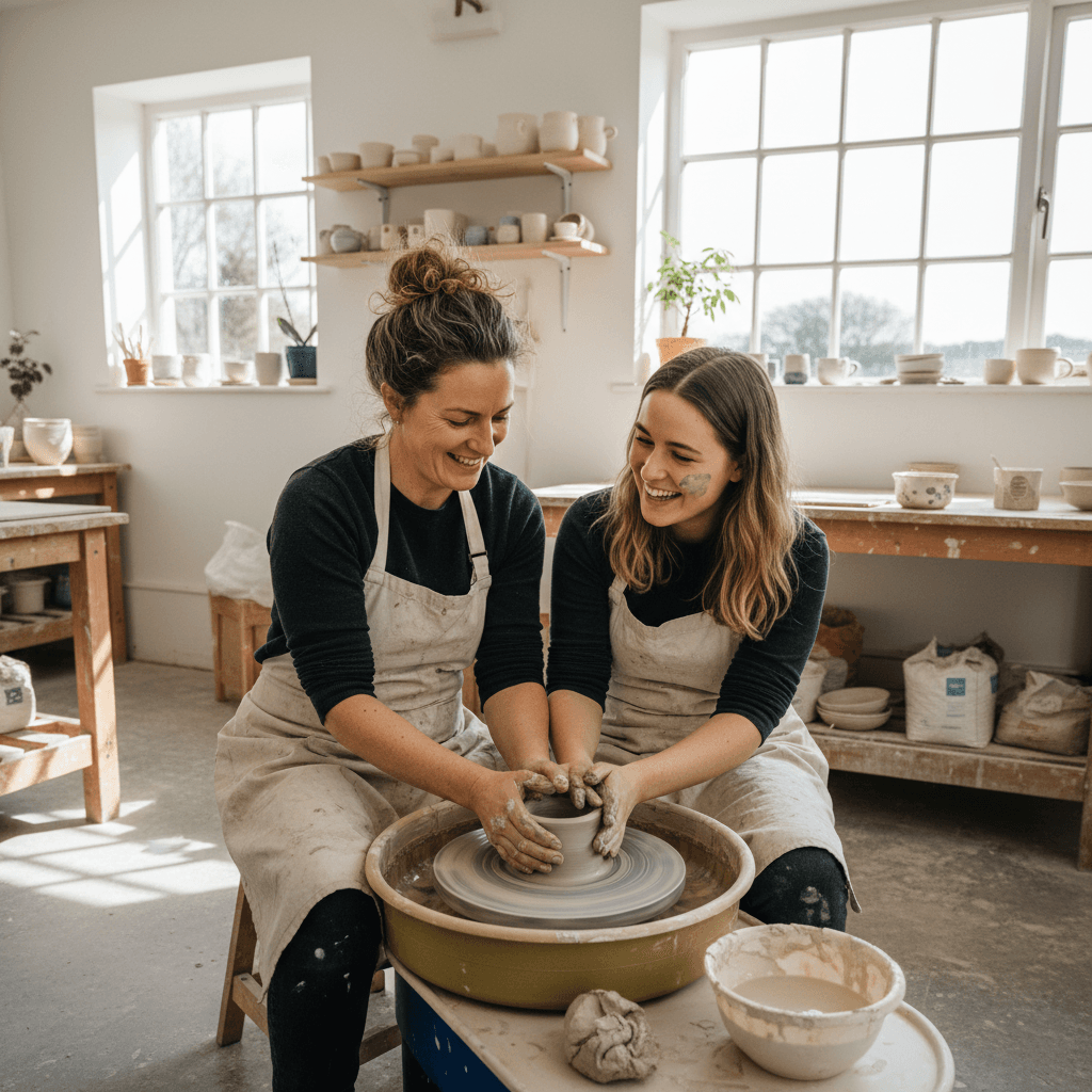 Pottery teacher helping beginner student during a taster session