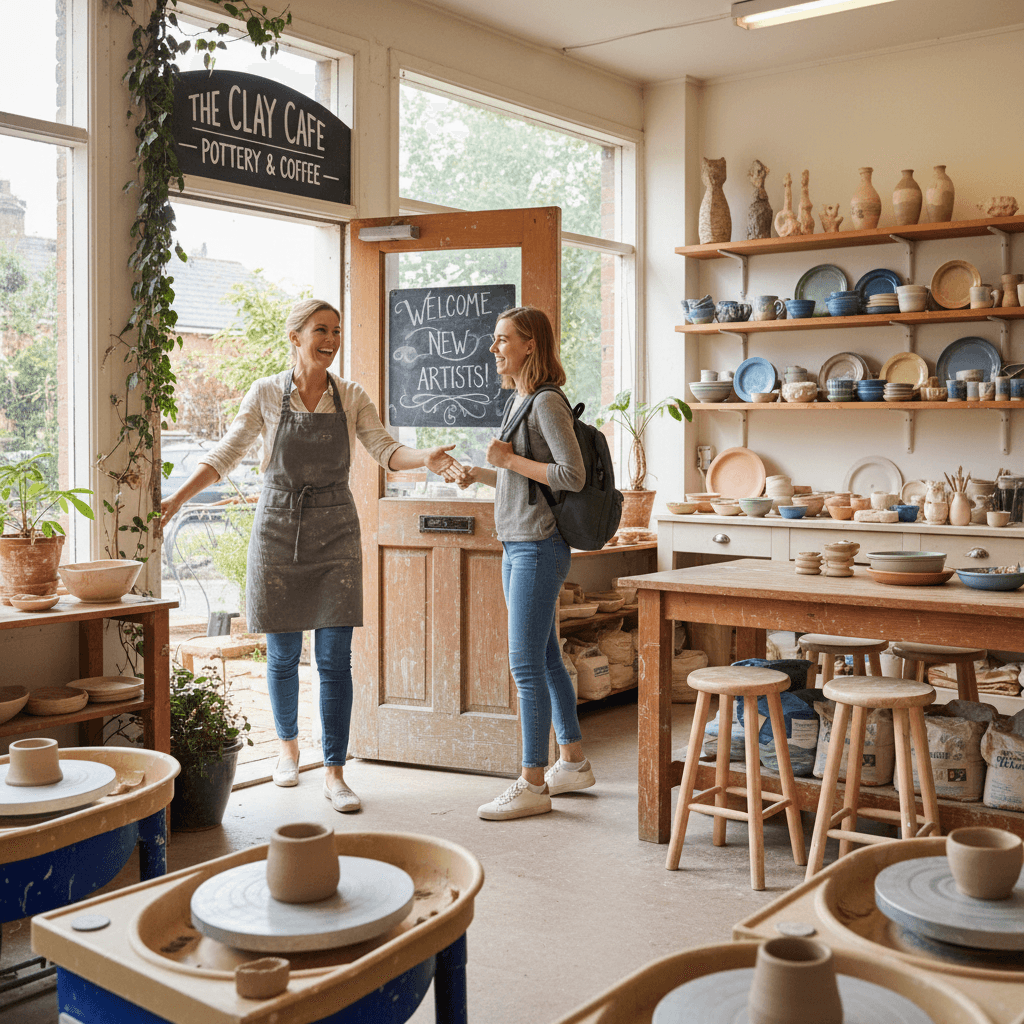 Pottery studio instructor welcoming a new student at the studio entrance