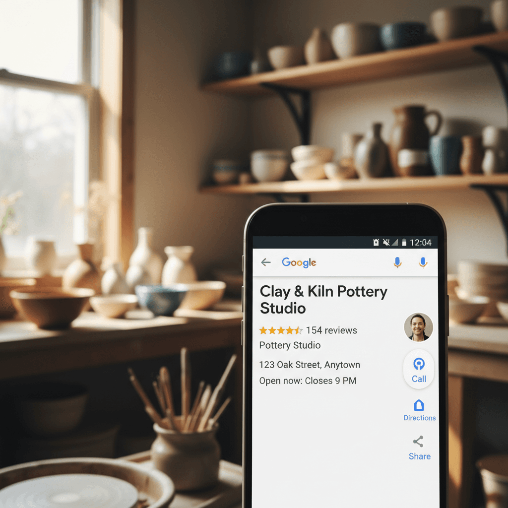 Google Maps showing pottery studio listing with five star reviews