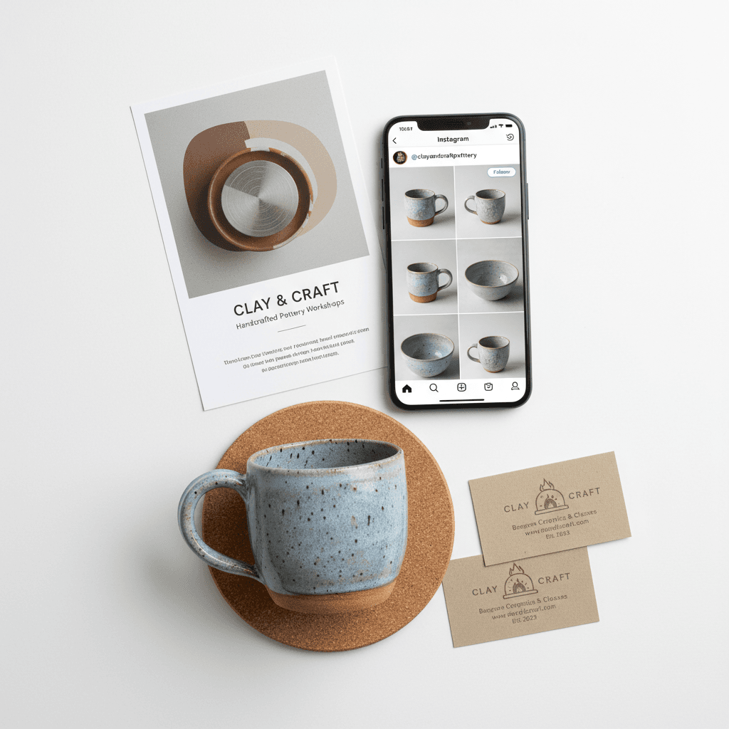 Pottery class marketing materials including flyer, social media and business cards