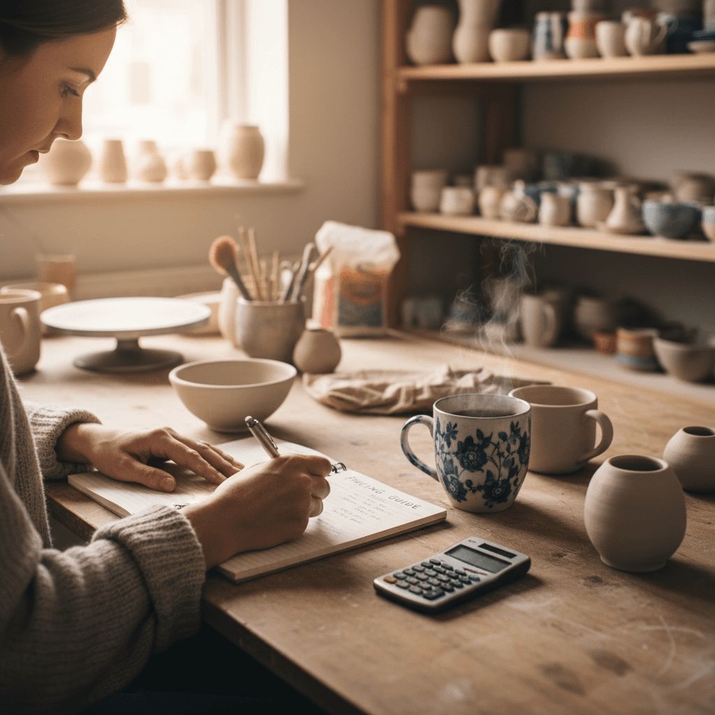 Pottery studio owner calculating class pricing at desk with notebook