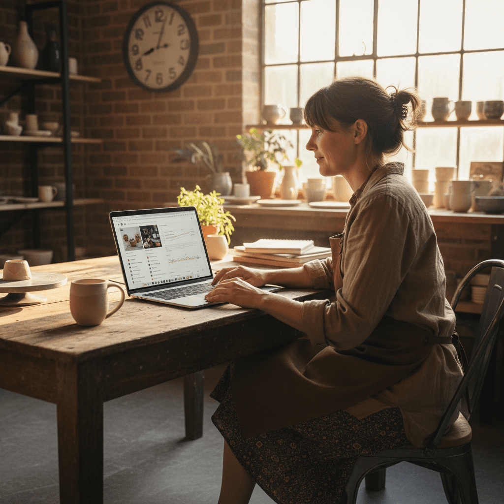 Pottery studio owner reviewing directory listing options on laptop