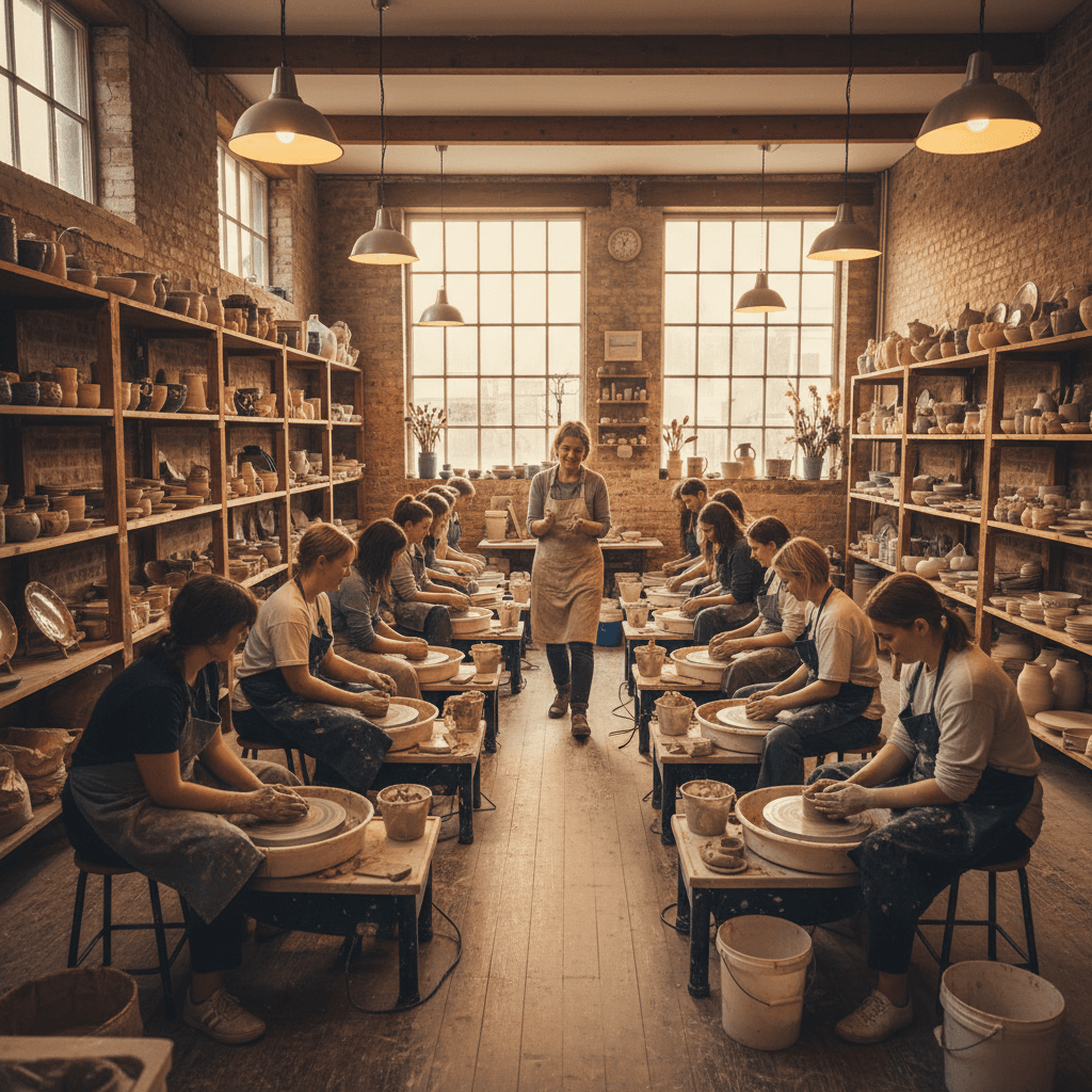 Busy UK pottery studio with multiple students working at wheels