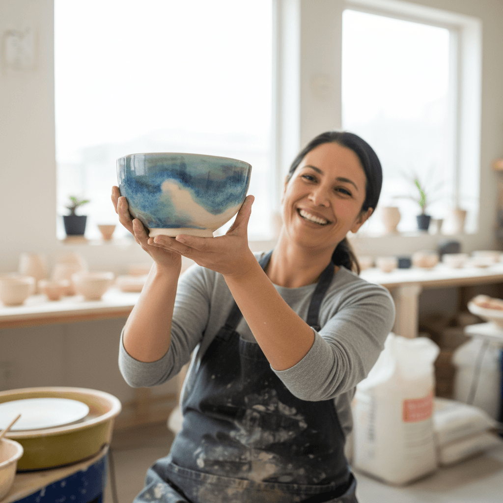 Smiling potter holding a finished ceramic bowl