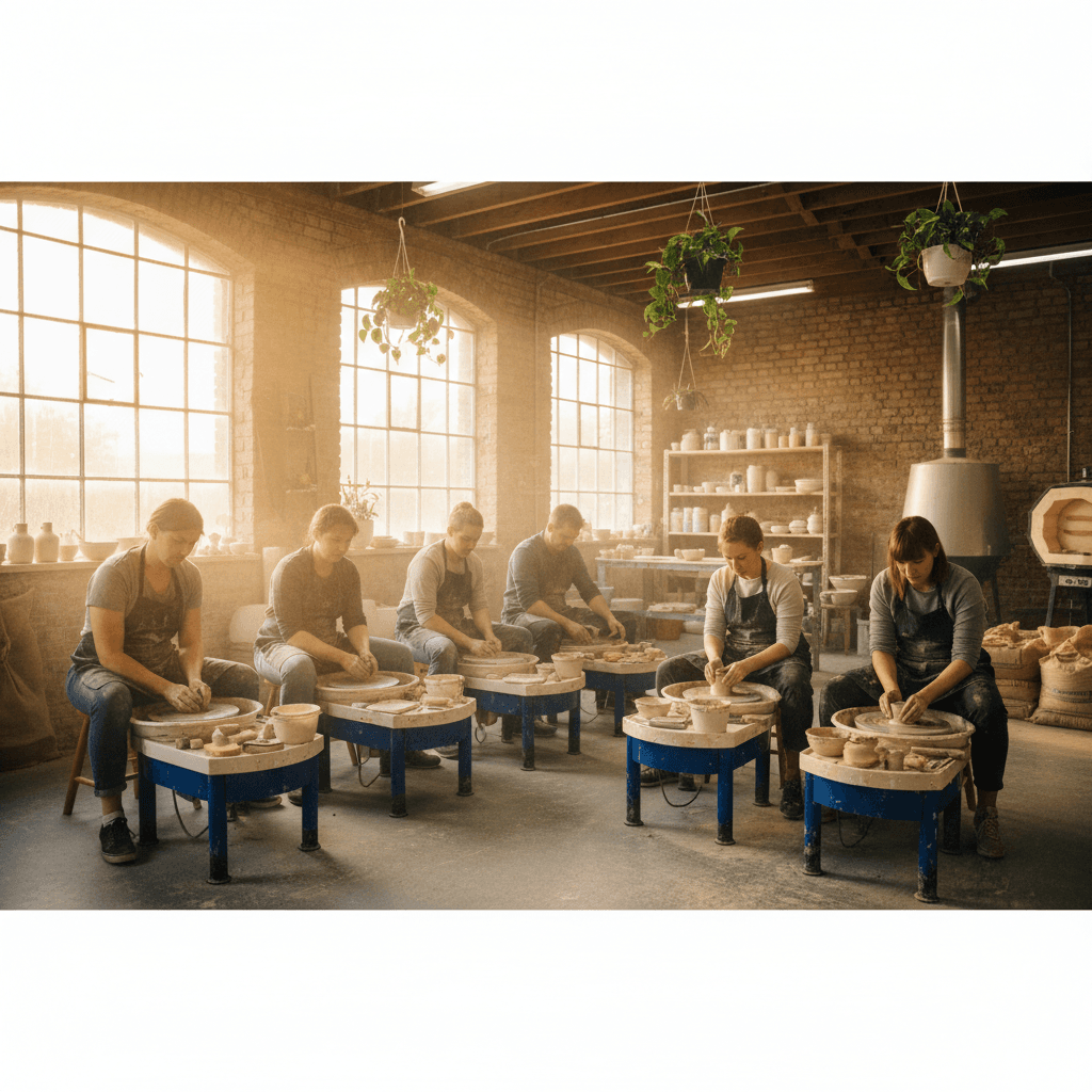 Intensive pottery workshop with students working on wheels in bright studio
