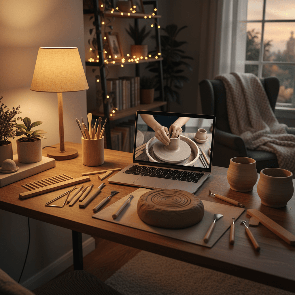 Cozy home pottery workspace with laptop showing online class and clay tools arranged neatly