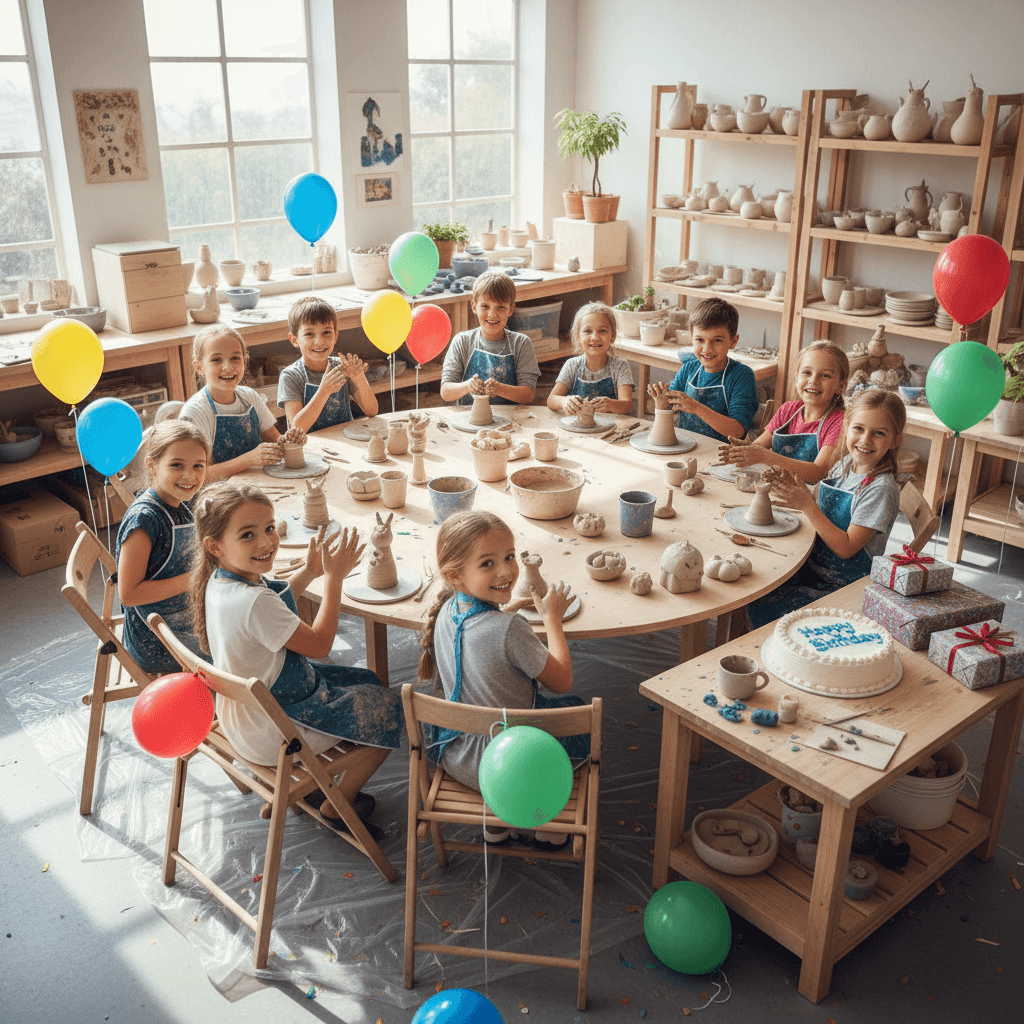 Group of children enjoying a pottery birthday party