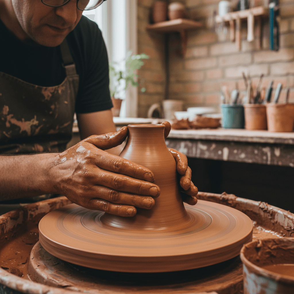 Potter's hands working with clay on a spinning wheel