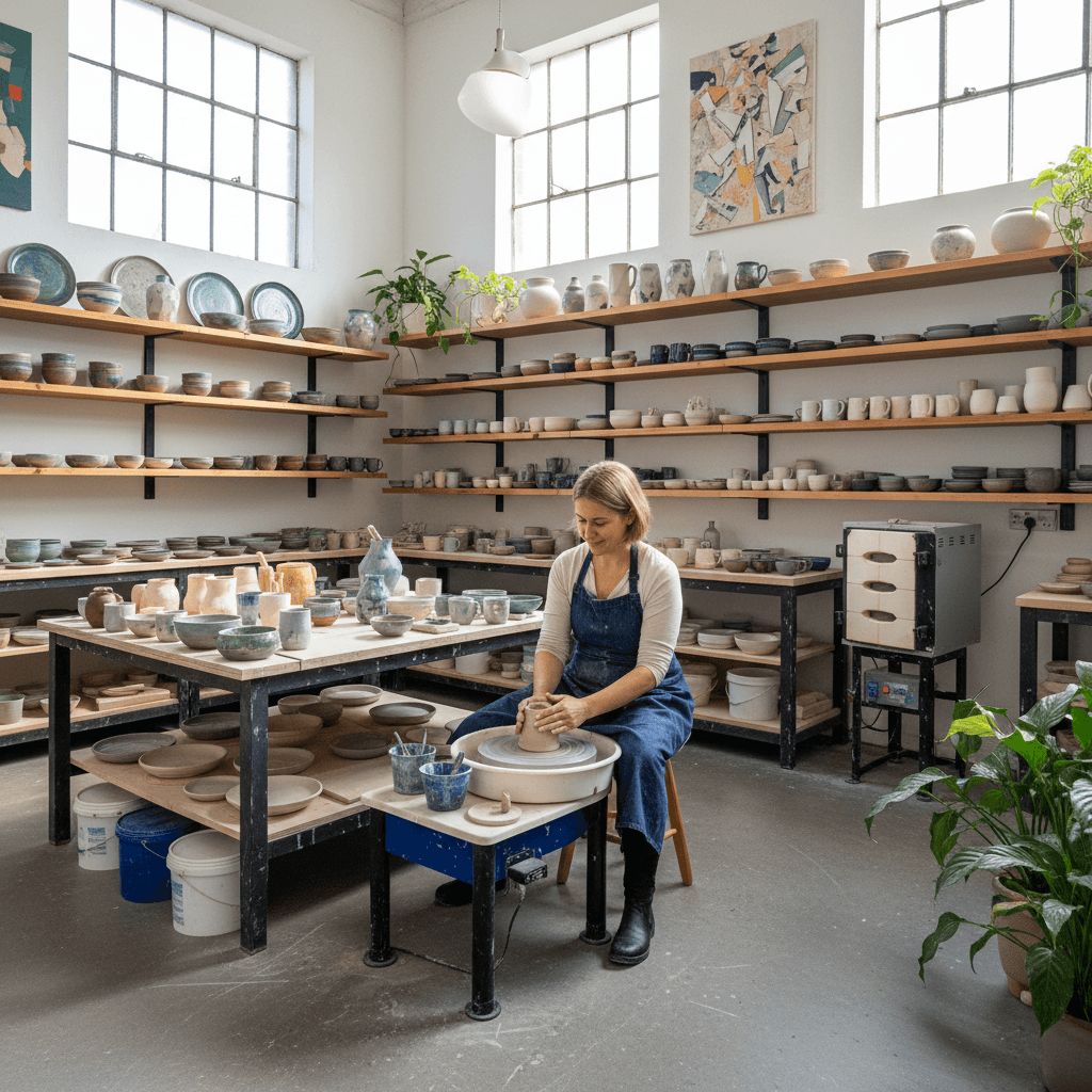 Potter shaping clay in Birmingham West Midlands pottery studio