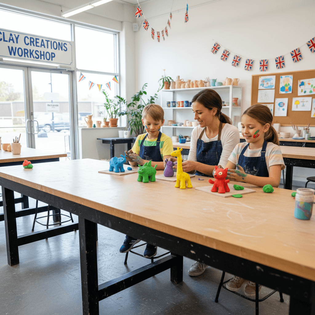 Happy children creating pottery together in a family-friendly studio