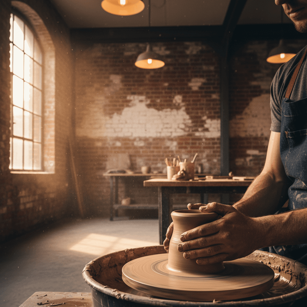 Potter working on ceramics in a Manchester pottery studio