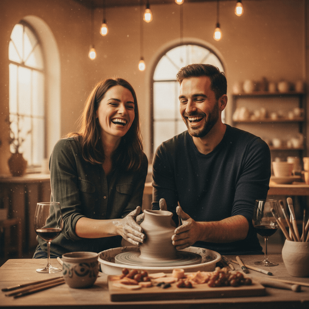 Couple laughing while making pottery together