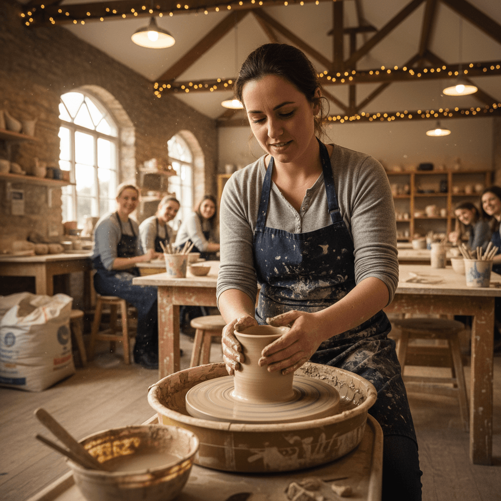 Beginner learning pottery in their first class with instructor guidance