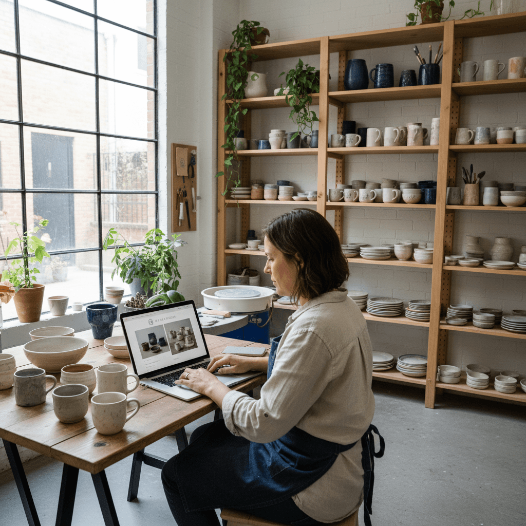 Pottery studio owner working on website SEO on laptop surrounded by ceramics