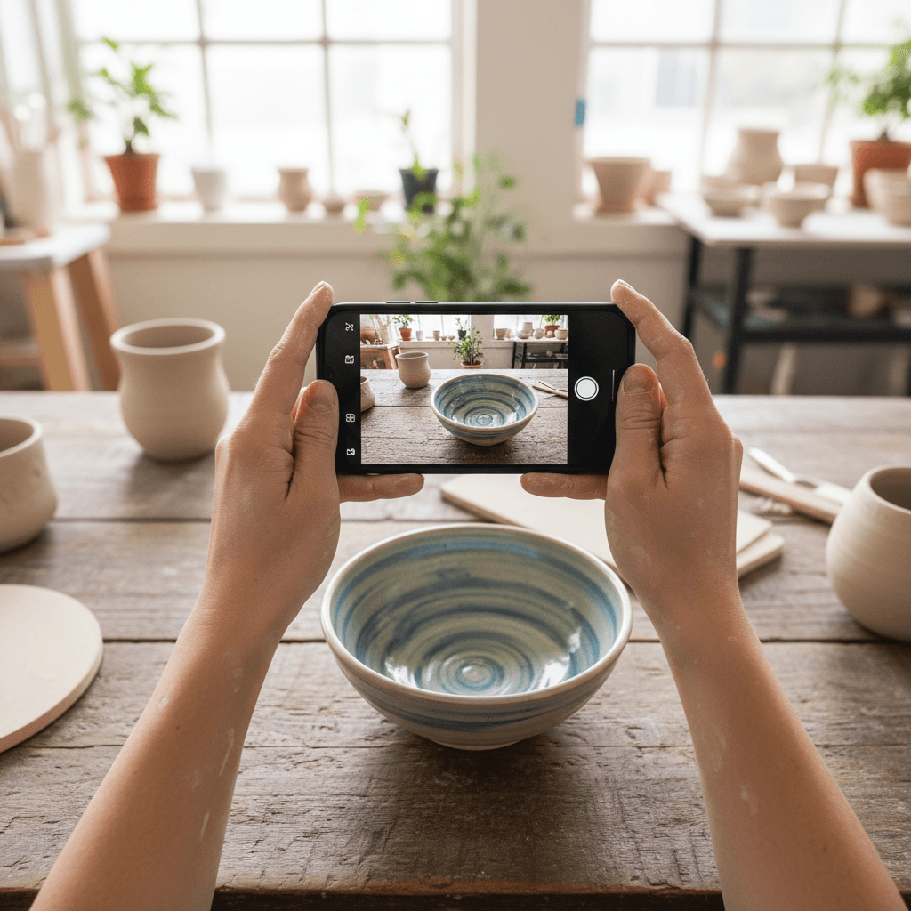 Potter photographing ceramic work for social media on smartphone