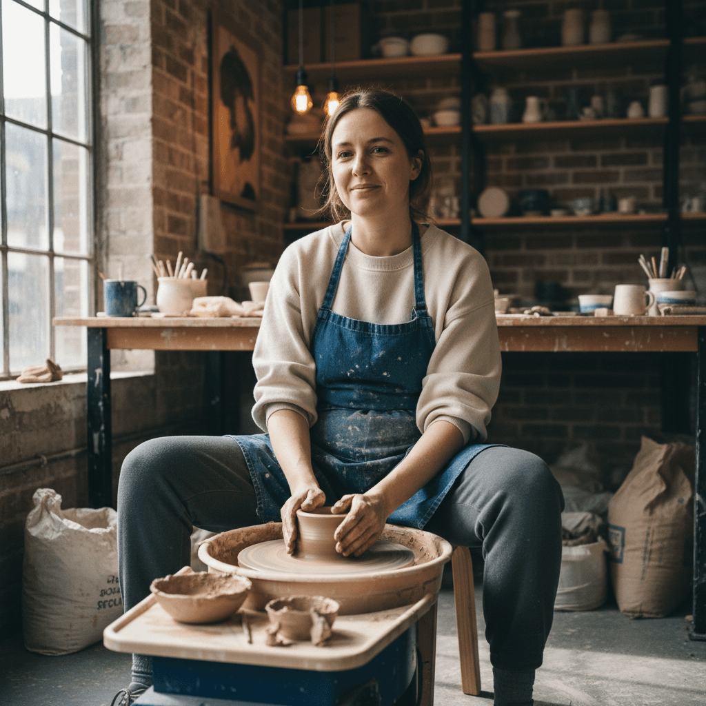 Potter in comfortable clothes working at pottery wheel wearing an apron