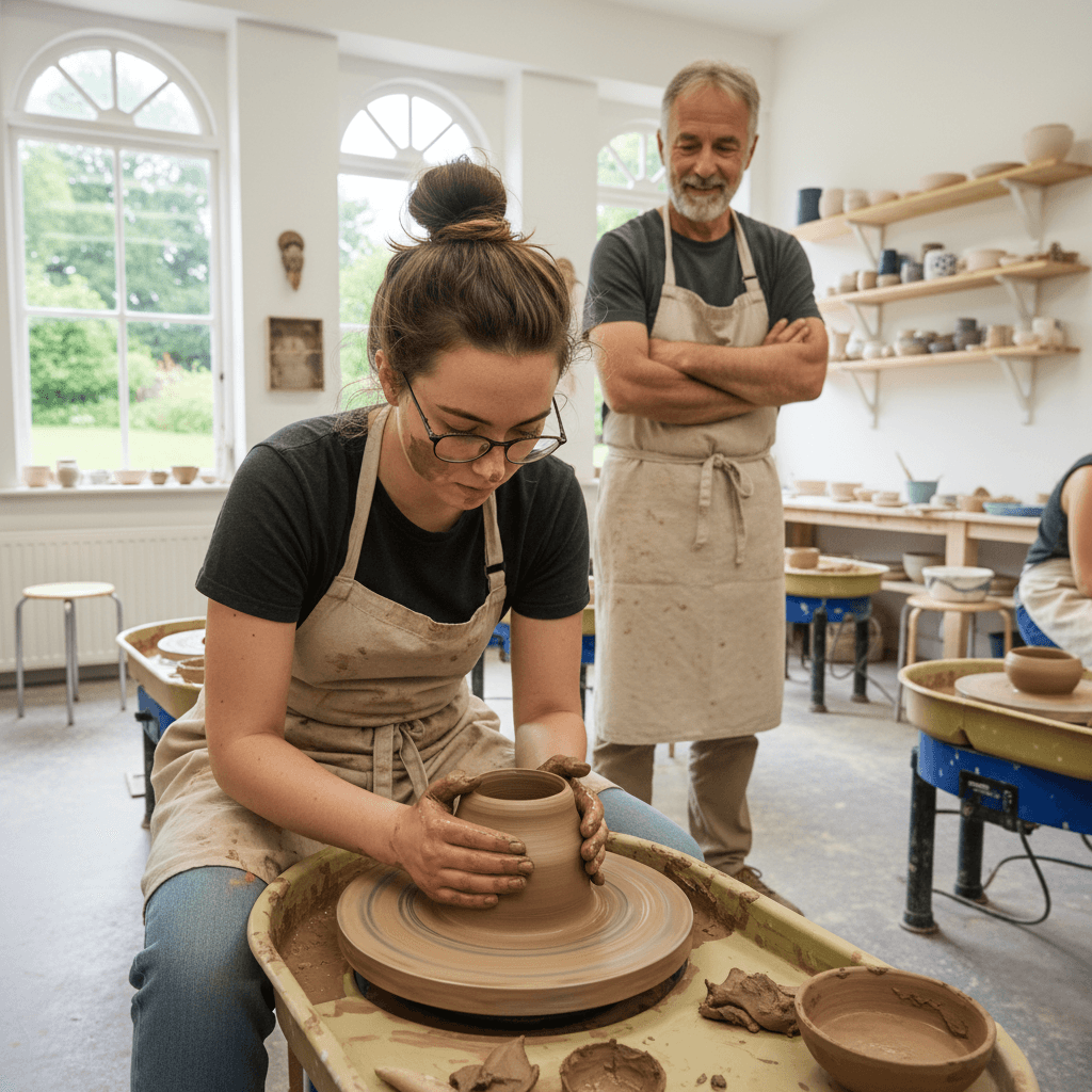 Beginner learning to center clay on pottery wheel