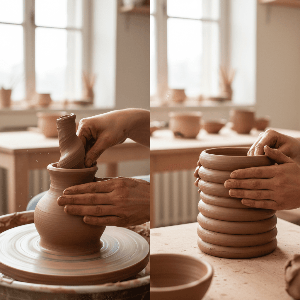 Close-up of hands demonstrating wheel throwing and hand building pottery techniques