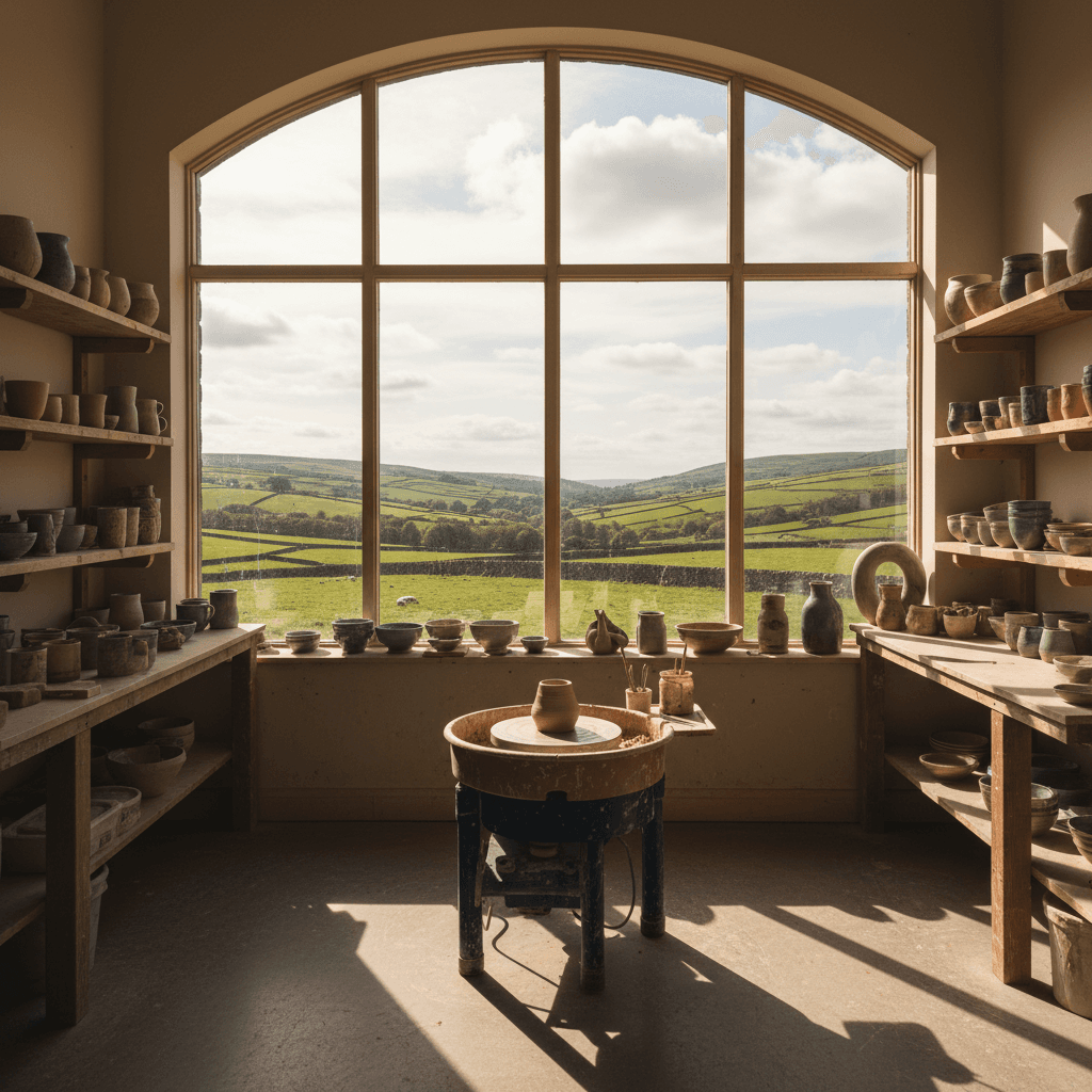 Beautiful pottery studio workspace with Yorkshire countryside views through window