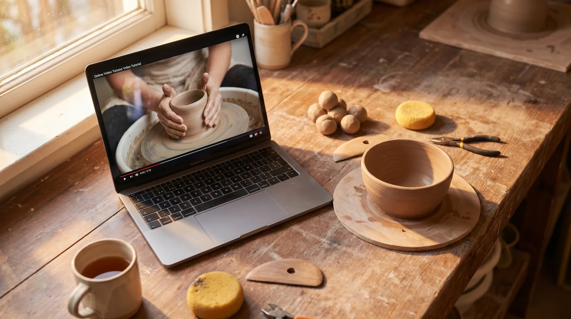 Laptop on a pottery workbench playing an online wheel-throwing lesson next to clay tools