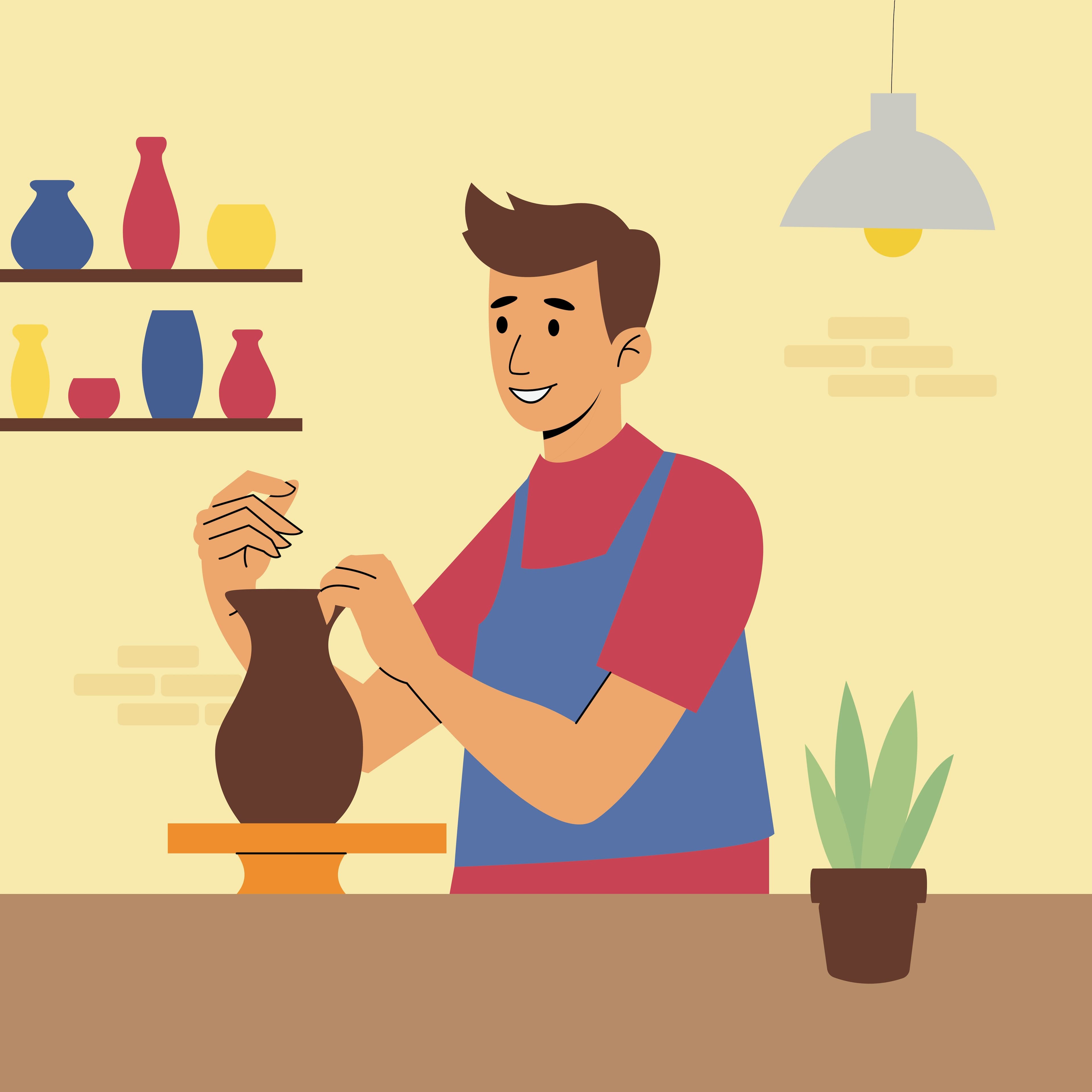 Person creating pottery at home with air-dry clay kit and tools